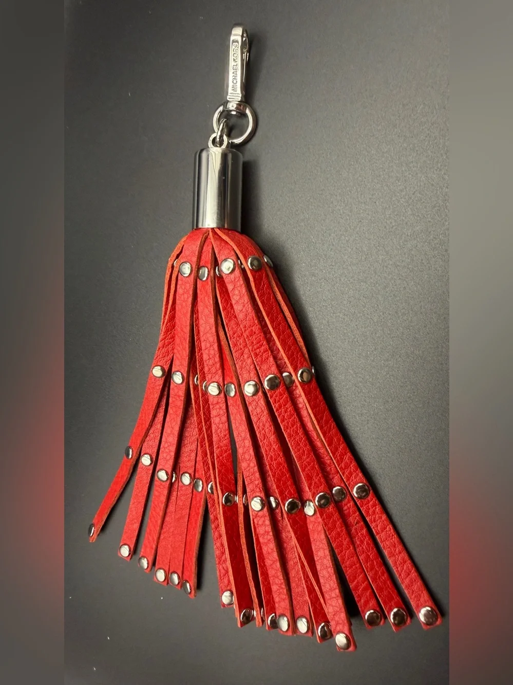 Michael Kors Red Leather Tassel Keychain with Silver Hardware